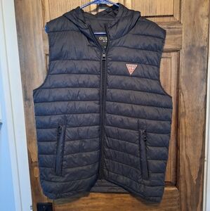 GUESS Men's Black Puffer Vest With Hood Size Medium
